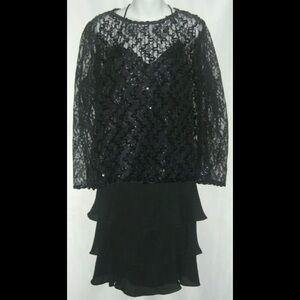 Vintage Plus Size Lori Max Dress Black Tier Flamenco Sheer Sequin Lace Flapper